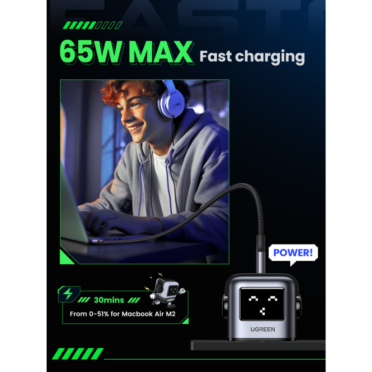 UGREEN Uno 65W 3-Port GaN Charger - Black