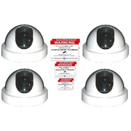 4 x White Dome Dummy CCTV Camera and Warning Sticker pack