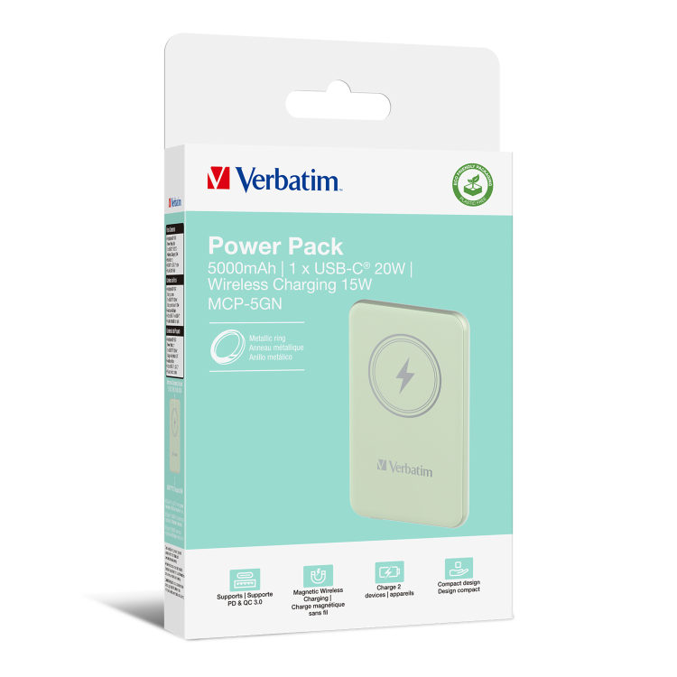 Verbatim Charge ´n´ Go 5000mAh Magnetic Wireless Power Bank Green