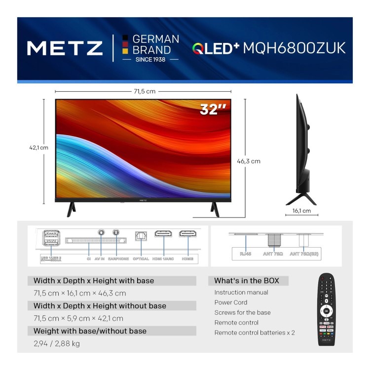 Metz 32MQH6800ZUK 32" QLED Smart HD TV with Freely  TiVo