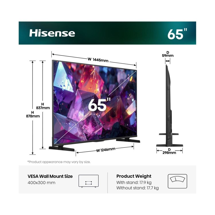 Hisense 65E7STUK PRO 65 Inch 4K Ultra HD Smart TV – Dolby Vision HDR10+ Quantum Dot Google TV Freeview Play