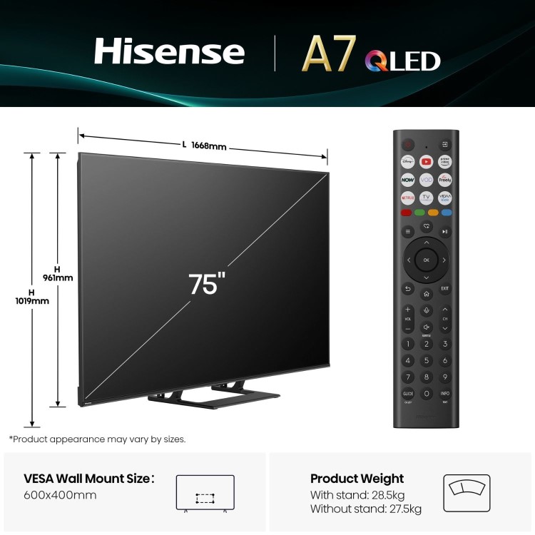 Hisense A7QTUK 75 inch Smart 4K Ultra HD QLED TV