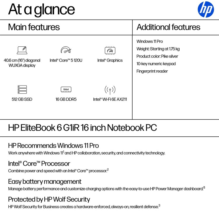 EliteBook 6 G1iR 16 inch Notebook PC, 16", Windows 11 Pro, Intel Core™ 5, 16GB RAM, 512GB SSD, WUXGA