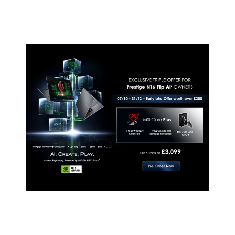 MSI Prestige N16 Flip AI+ C1XMT-051UKY NVIDIA N1X 64GB 1TB 16 Inch Windows 11 Laptop