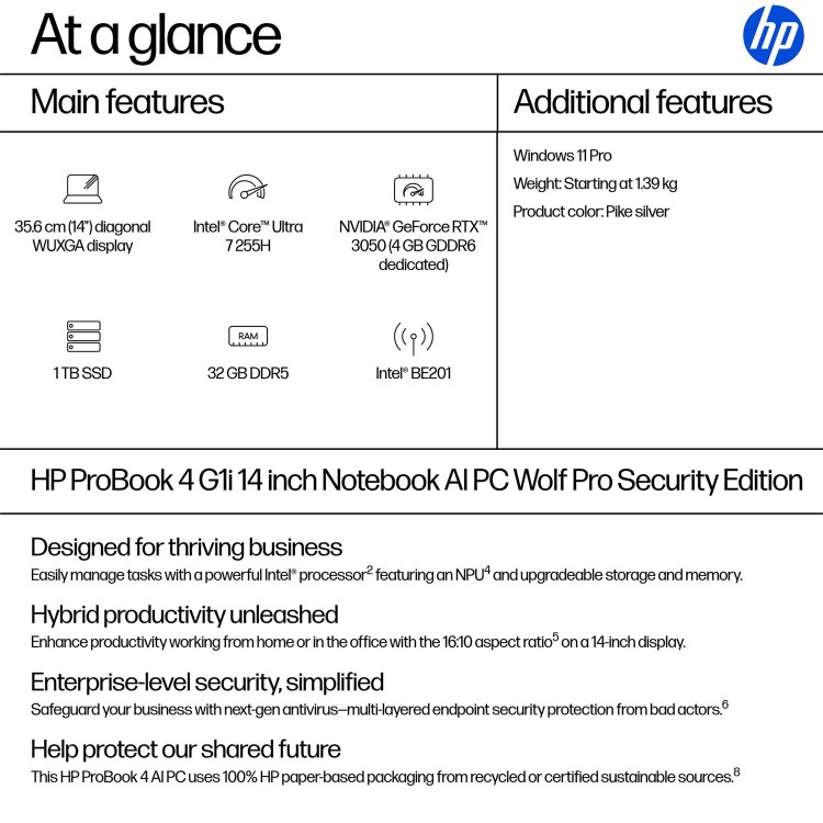 ProBook 4 G1i 14 inch Notebook AI PC  Wolf Pro Security Edition, 14&quot;, Windows 11 Pro, Intel Core™ Ultra 7, 32GB RAM, 1TB SSD, WUXGA