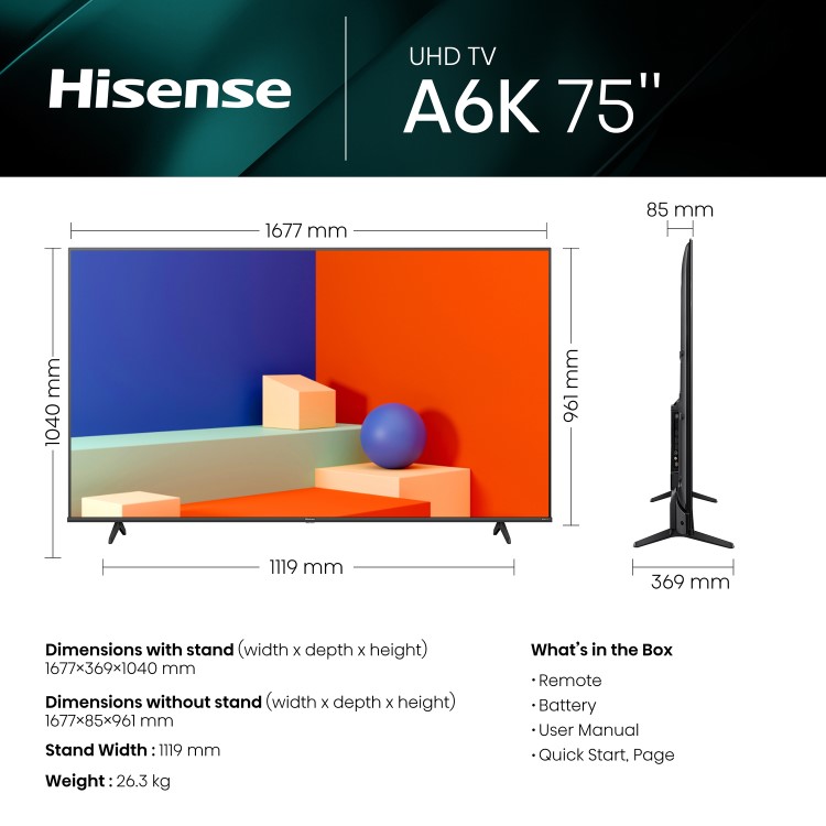 Hisense A6K 75 inch Smart 4K Ultra HD LED TV