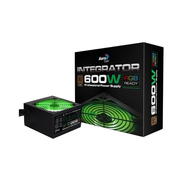 Aerocool Integrator 600W RGB PSU 12cm Black Fan Active PFC TW Caps UK Cable