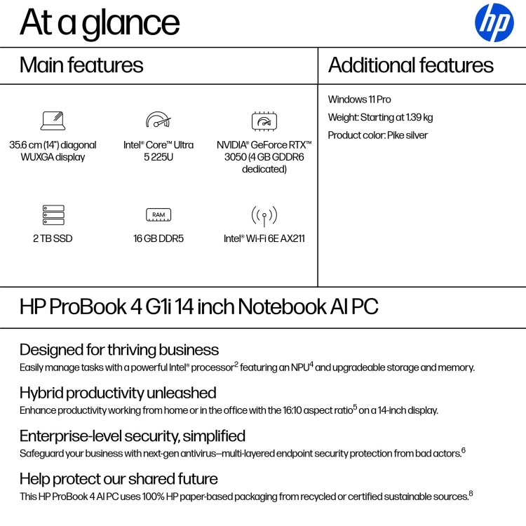 HP ProBook 4 14 G1i AI Intel Core Ultra 5 16GB RAM 256GB SSD 14 Inch Windows 11 Pro Laptop