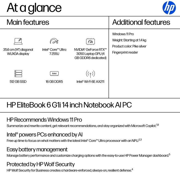 EliteBook 6 G1i 14 inch Notebook AI PC, 14", Windows 11 Pro, Intel Core™ Ultra 7, 16GB RAM, 512GB SSD, WUXGA