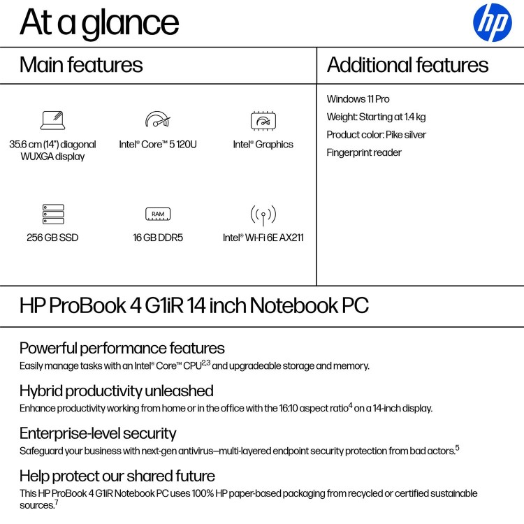 ProBook 4 G1iR 14 inch Notebook PC, 14", Windows 11 Pro, Intel Core™ 5, 16GB RAM, 256GB SSD, WUXGA