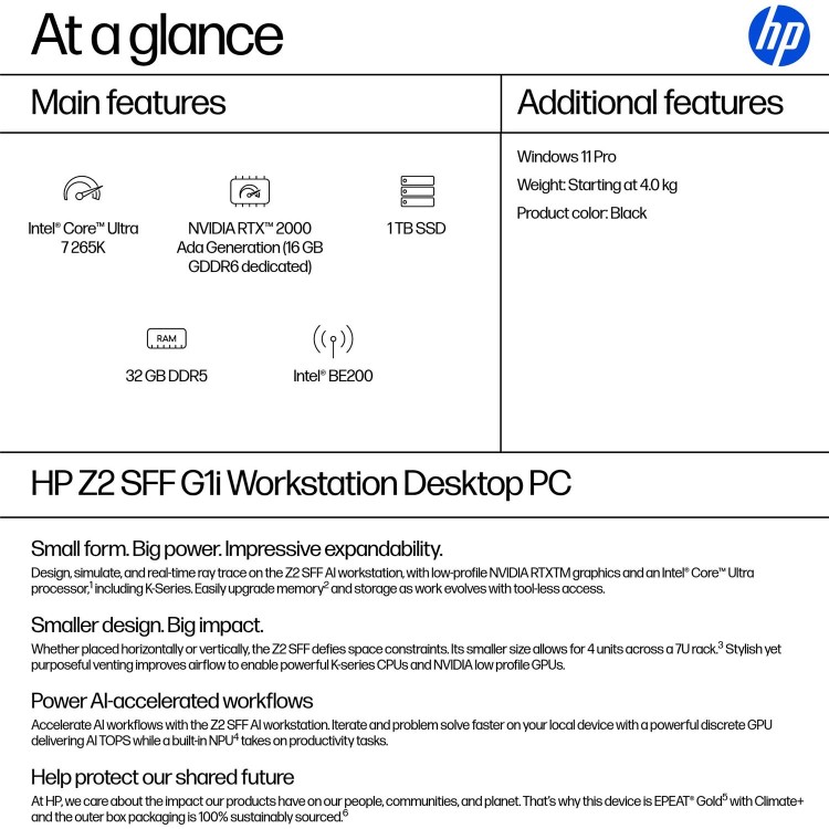 HP Z2 SFF G1i Intel Core Ultra 7 265K 32GB RAM 1TB SSD RTX 2000 Ada Windows 11 Pro Workstation PC