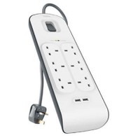 Belkin 6 Way Surge Protection Strip - 2m with 2 x 2.4amp USB Charging
