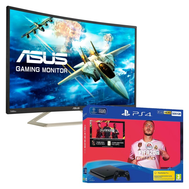 ASUS VA326HR 32" Full HD 144Hz Curved Monitor with Sony PS4 500GB FIFA 20 + 2 x DualShock Controller Bundle