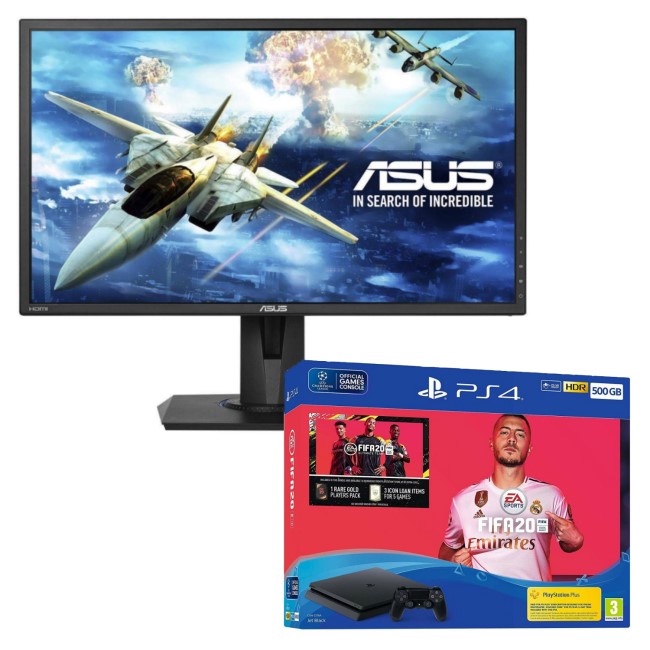 ASUS VG245H 24" Full HD 1ms FreeSync Gaming Monitor with Sony PS4 500GB FIFA 20 + 2 x DualShock Bundle