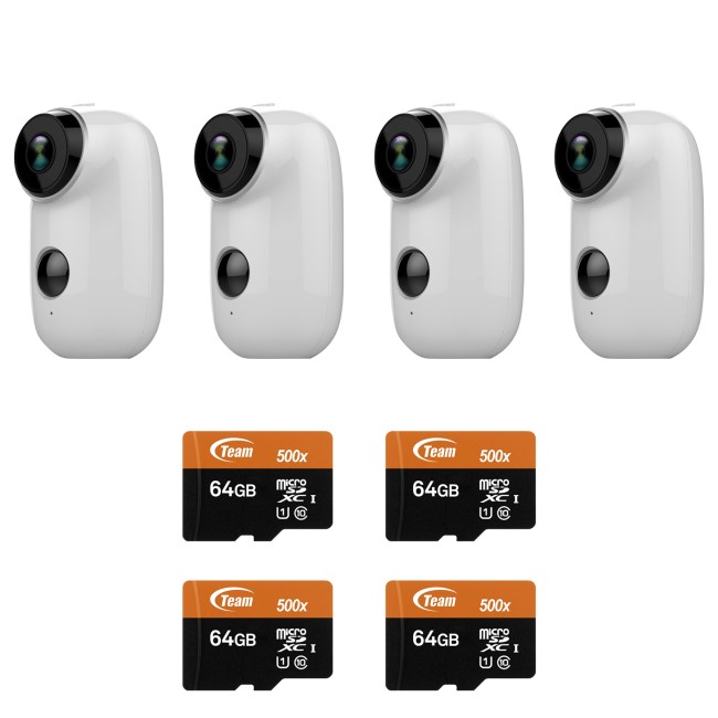 electriQ 1080p Full HD Wireless Battery Cameras with Mounts & 64GB SD Cards - 4 Pack