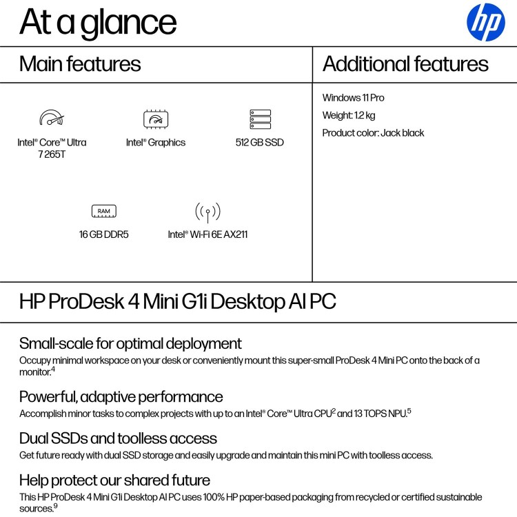 HP ProDesk 4 Mini G1i AI Intel Core Ultra 7 265T 16GB RAM 512GB SSD Windows 11 Pro Mini PC