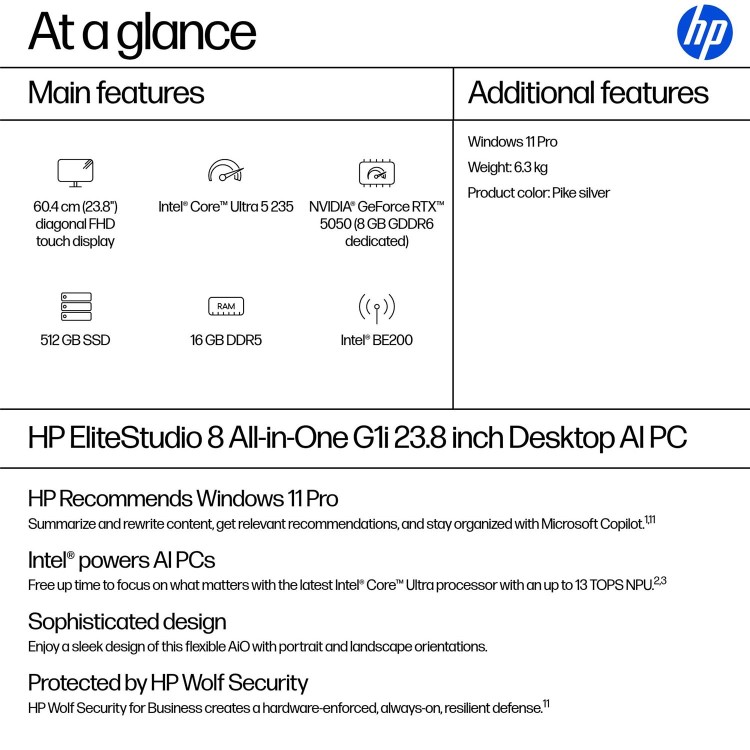 EliteStudio 8 All-in-One G1i 23.8 inch Desktop AI PC, 23.8", Touch screen, Windows 11 Pro, Intel Core™ Ultra 5, 16GB RAM, 512GB SSD, FHD