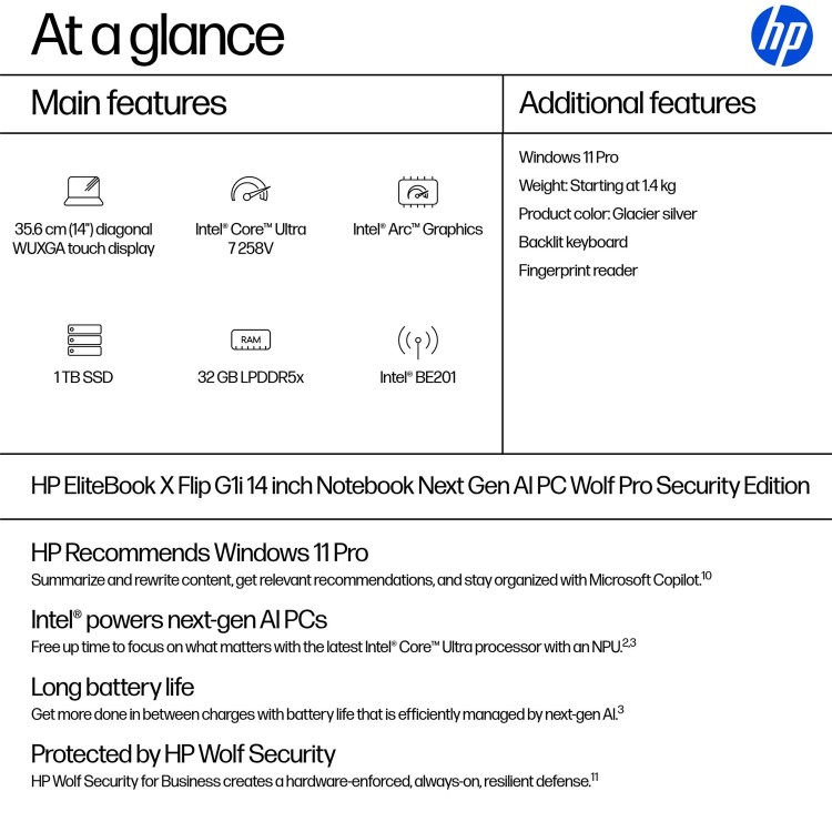 EliteBook X Flip G1i 14 inch Notebook Next Gen AI PC Wolf Pro Security Edition, 14", Touch screen, Windows 11 Pro, Intel Core™ Ultra 7, 32GB RAM, 1TB SSD, WUXGA