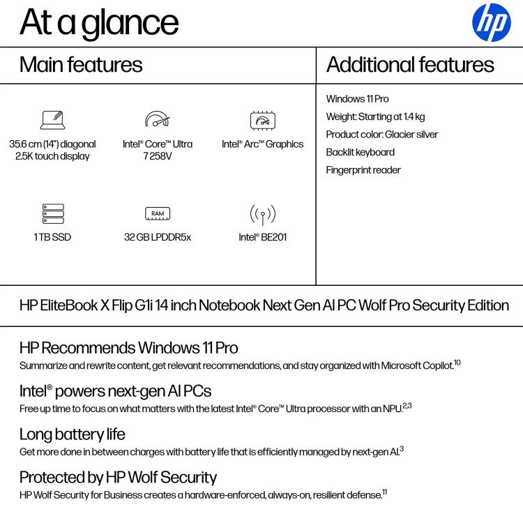 HP EliteBook X Flip G1i Intel Core Ultra 7 32GB RAM 1TB SSD 14 Inch Windows 11 Pro Laptop