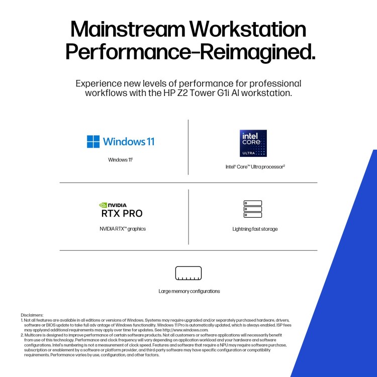 HP Z2 Tower G1i Intel Core Ultra 9 285K 64GB RAM 1TB SSD RTX PRO 4000 Blackwell Windows 11 Pro Workstation PC
