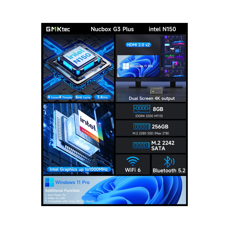 GMKTec NucBox G3 Plus Intel N150 16GB RAM 512GB SSD Windows 11 Pro Desktop PC