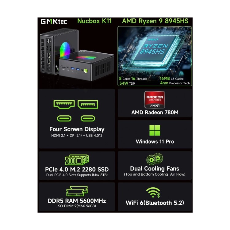 GMKTec NucBox K11 AMD Ryzen 9 8945HS 16GB RAM 1TB SSD Windows 11 Pro Mini PC