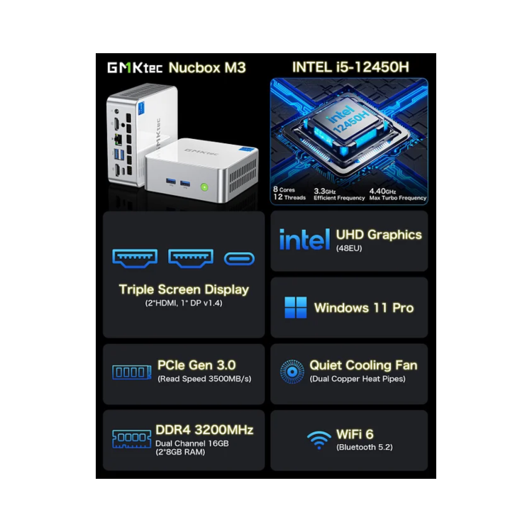 GMKTec NucBox M3 Intel Core i5-12450H 16GB RAM 512GB SSD Windows 11 Pro Desktop PC