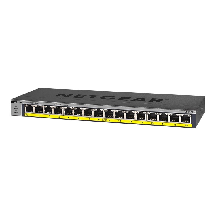 Netgear GS116LP 16-Port x 10/100/1000 PoE+ DC Power Rack Mountable Network Switch