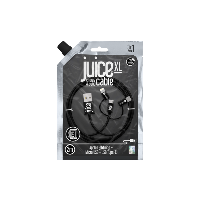 Juice 2M 3 in 1 Cable - Mico-Usb Type-C and Lightning - Black