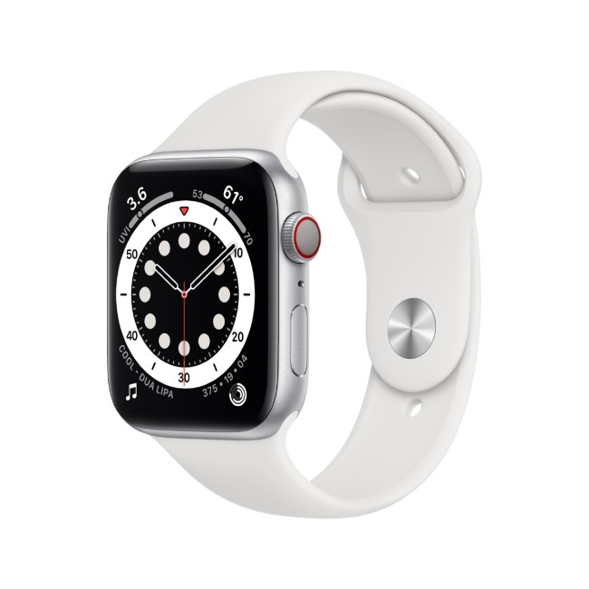 Apple Watch Series 6 GPS + Cellular - 44mm Silver Aluminium Case with White Sport Band - Regular
