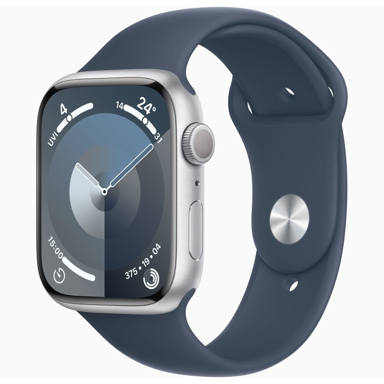 Apple Watch Series 9 GPS 41mm Silver Aluminium Case with Storm Blue Sport Band - M/L