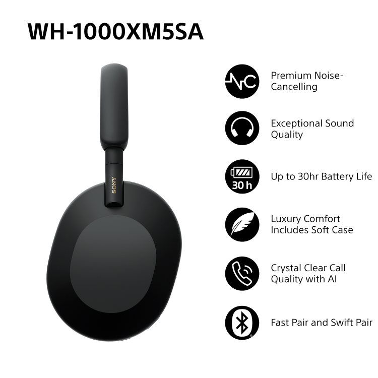 Sony WH-1000XM5 Wireless Noise Cancelling Headphones with Soft Case - Black