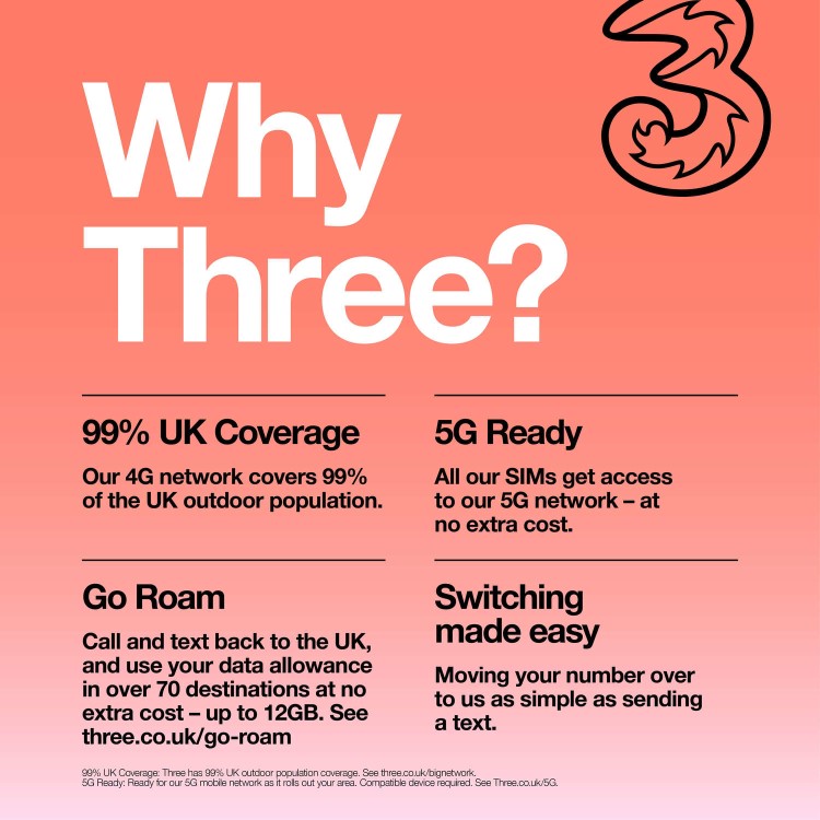 Three 12GB Data SIM Only Contract 1 Month