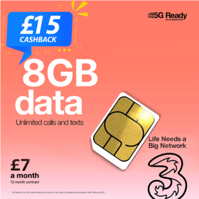 Three 8GB Data SIM Only Contract 12 Months