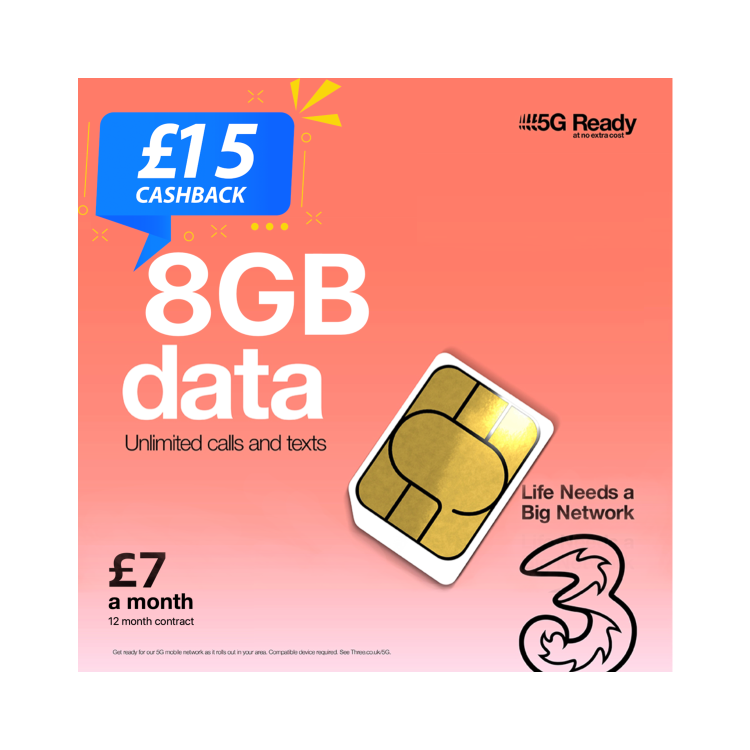 Three 8GB Data SIM Only Contract 12 Months