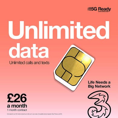 Three Unlimited Data SIM Only Contract 1 Month