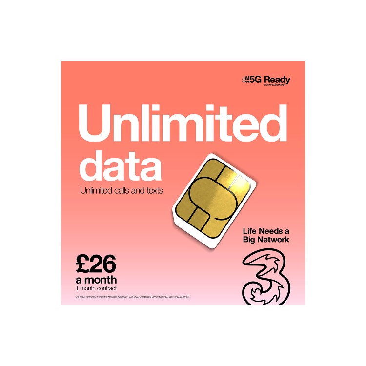 Three Unlimited Data SIM Only Contract 1 Month