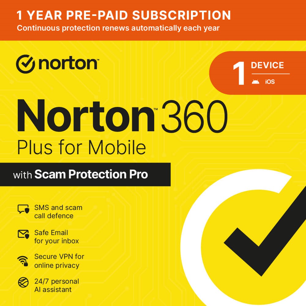 Norton 360 Plus for Mobile one-device 12-month pre-paid subscription box