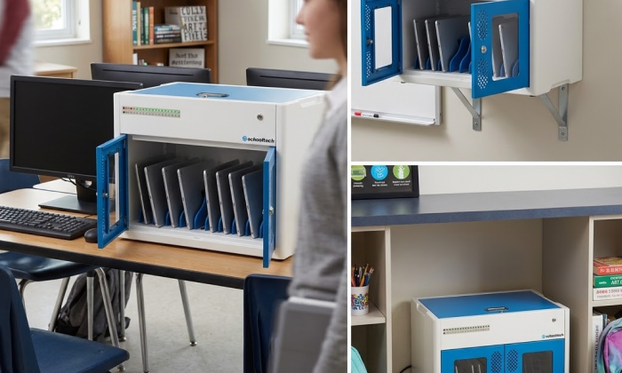 Compact and space-saving wall mounted charging cabinet