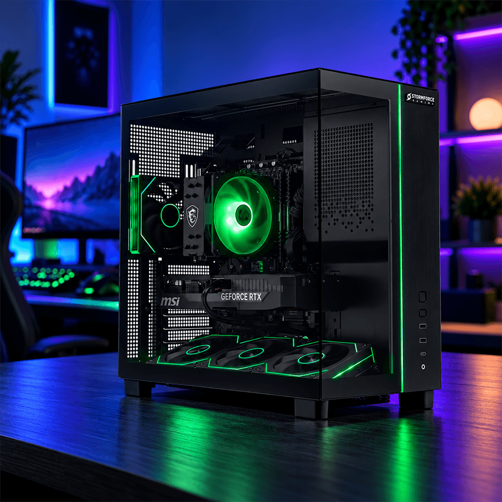 Gaming desktop PC with RGB lighting and a graphics card