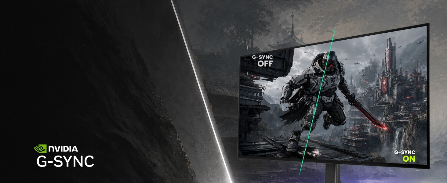 iiyama GOB2701QSC display showing NVIDIA G-SYNC Compatible on and off gameplay