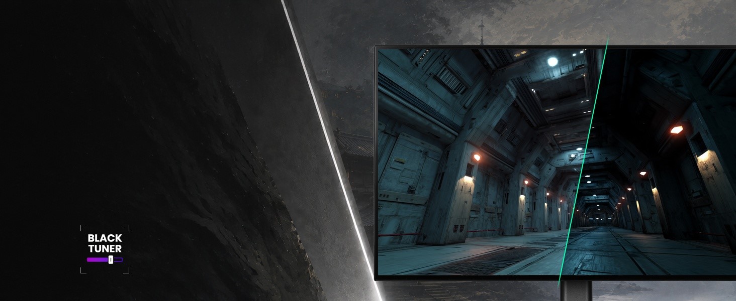 iiyama GOB2701QSC display with Black Tuner showing a dark game scene