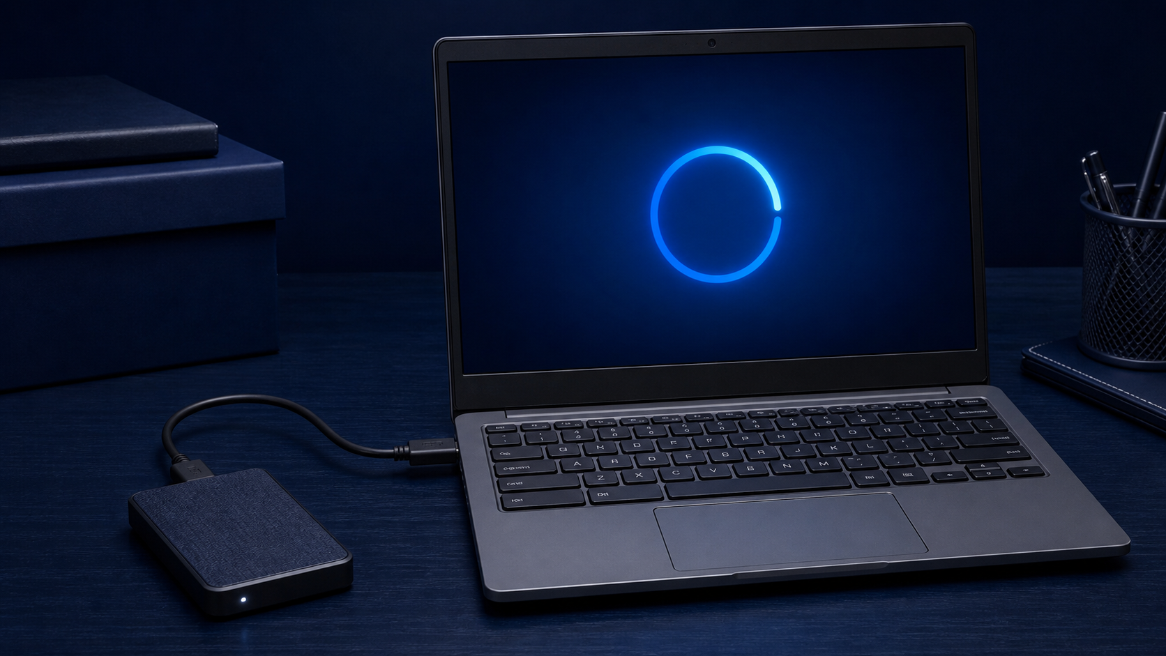Compact laptop beside an external drive, illustrating a Chromebook Powerwash
