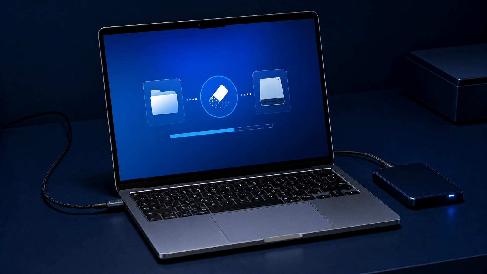 MacBook-style laptop beside an external drive, illustrating a clean erase