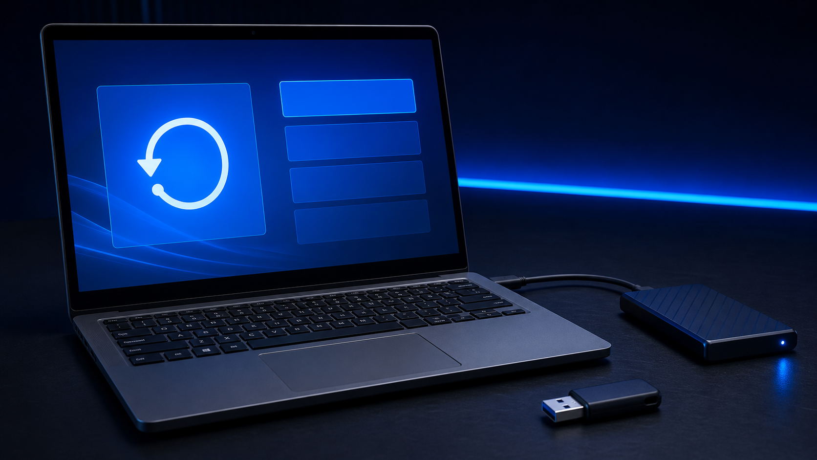 Laptop on a desk beside an external drive, illustrating a Windows PC reset